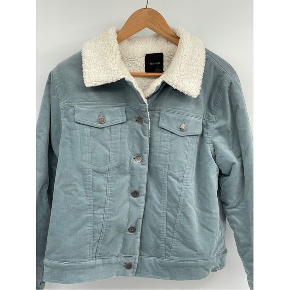 Forever 21 Jacket Sherpa Lined Women Large Blue Green Velour Trucker - Picture 3 of 14
